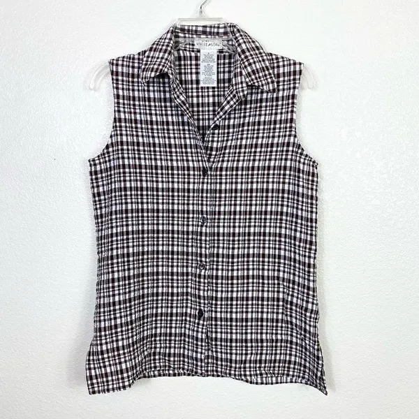 White Stag Brown & White Plaid Collared Sleeveless Button Up Shirt - Image 3