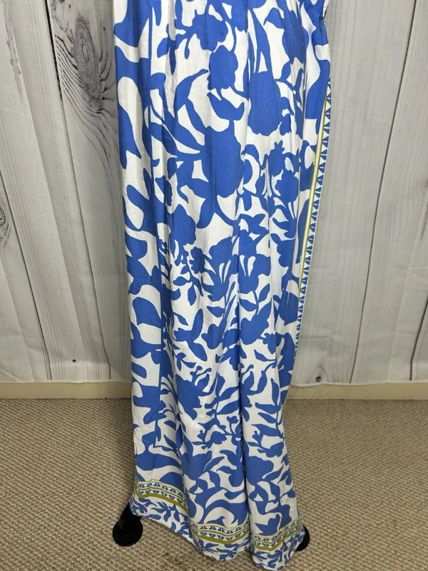 Vince Camuto Floral Border Print Smocked Back Maxi Dress Blue White Sz L Rayon - Image 7