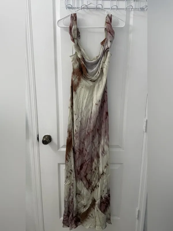 NWT- ZARA Satin Tie-Dye Maxi Slip Dress Off Shoulder Purple Cream Sz XL - Image 9
