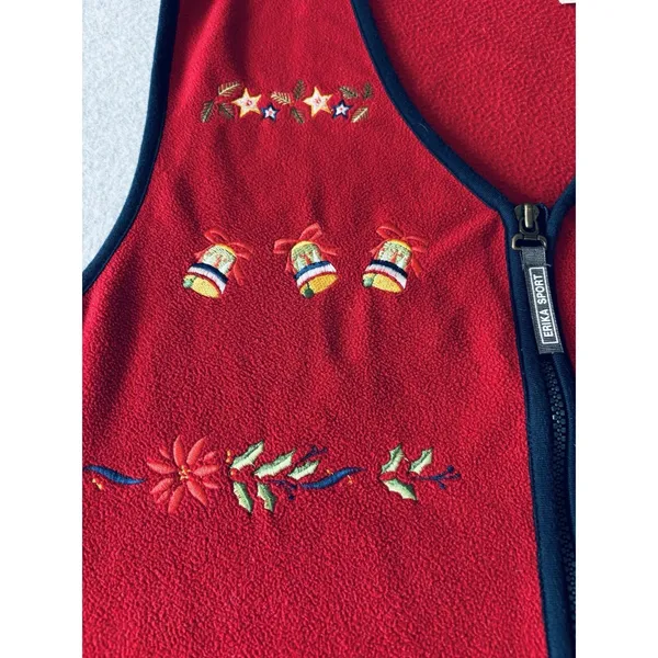 Vintage Erika Sport Womens Fleece Vest Red Embroidered Bells Holiday Christmas M - Image 7
