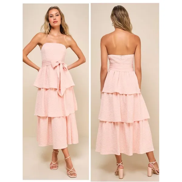 Lulus Truly Marvelous Blush Pink Jacquard Strapless Tiered Midi Dress Medium - Image 2