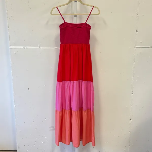 LOFT Outlet Colorblock Smocked Tiered Maxi Dress Red Pink XS Boho Cotton Summer - Image 2