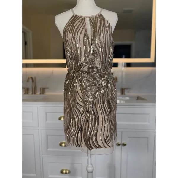 Sugar + Lip2 Sequin Mini Dress S Gold Champagne Cold Shoulder Keyhole Cocktail - Image 10