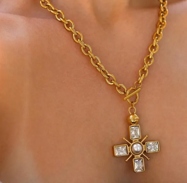 Chunky gold cross necklace with pearl and toggle clasp - Image 5