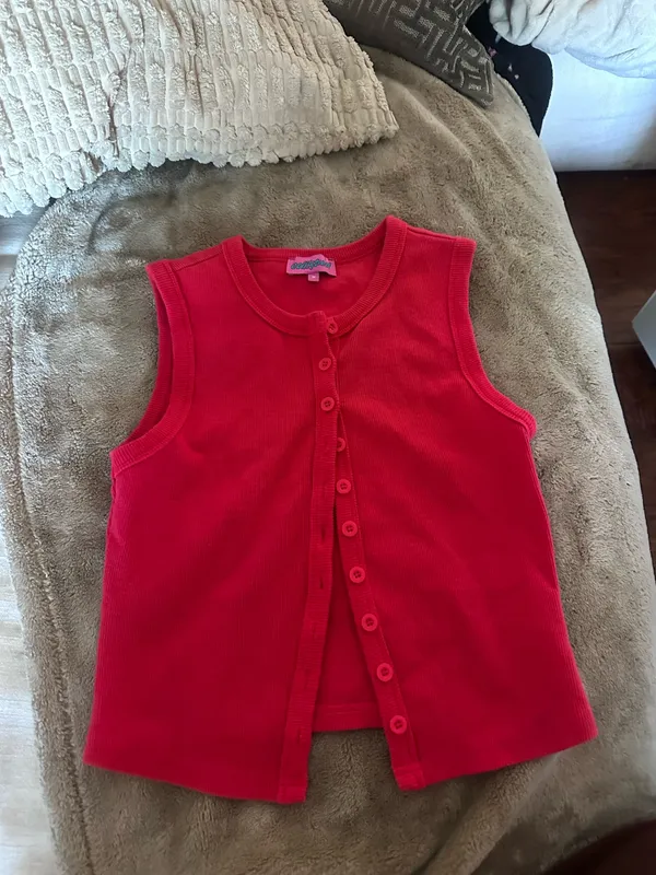 Edikted red “Basel front button up tank” sweater cardigan - Image 5