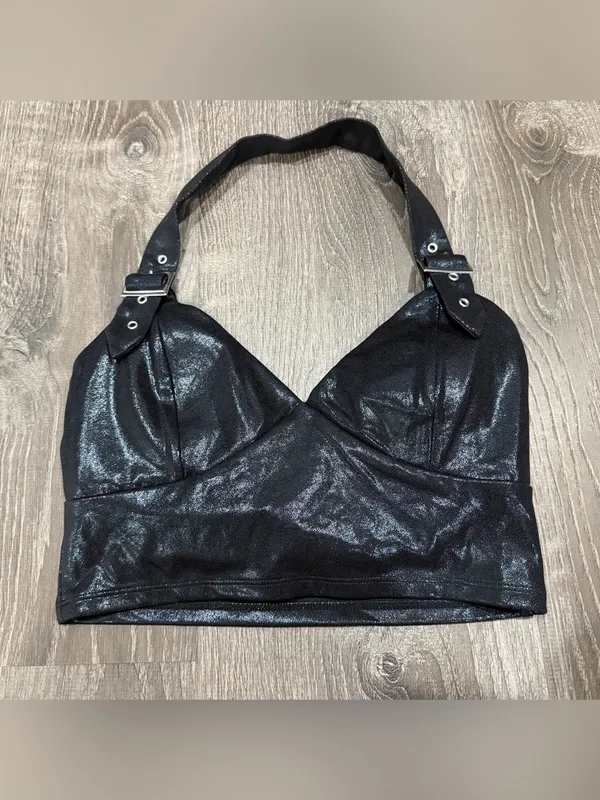 NWOT Halara Shiny Dusty Black SoftlyZero Faux Leather Halter Cropped Tank Top - Image 3