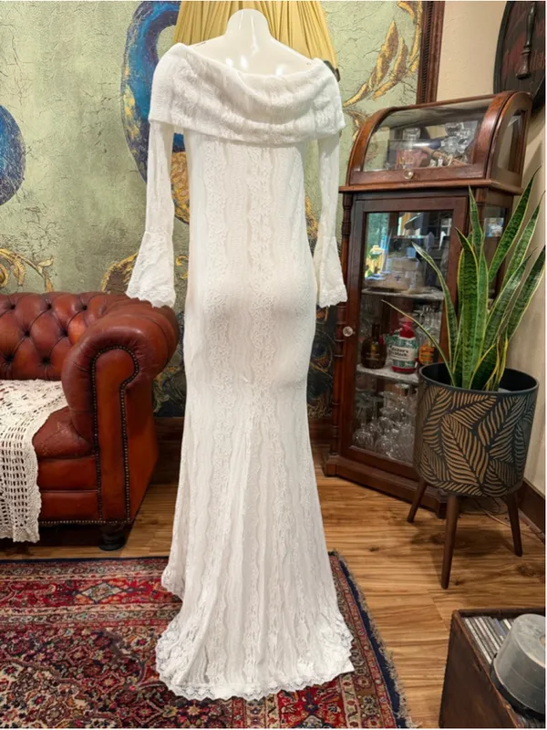 White Lace Off Shoulder Maxi Dress Bell Sleeve Wedding Bridal Slit Boho Medium - Image 5