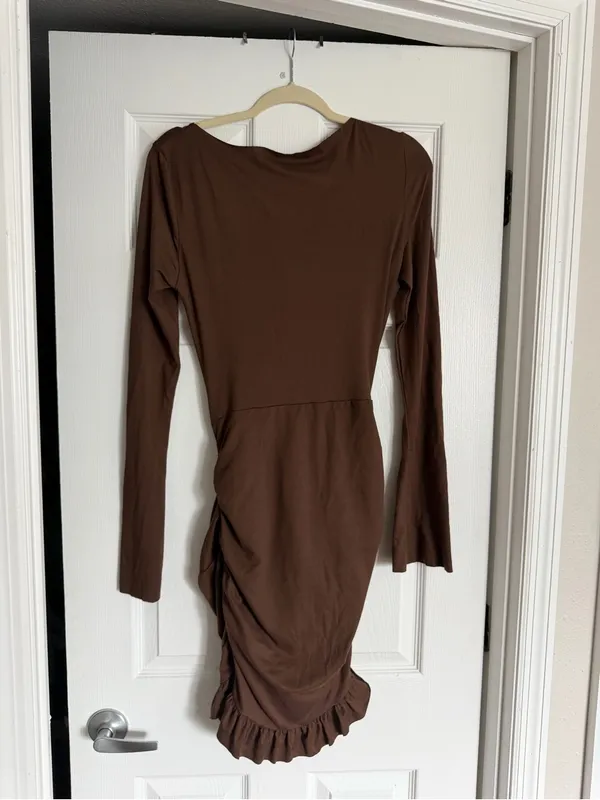Micas Long Sleeve Brown Mini Dress with Knotted Detail - Image 2