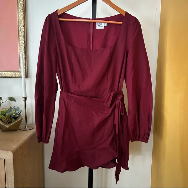 Princess Polly The Villa Long Sleeve Mini Dress Wrap Ruffle‎ Short Red Size 8 - Image 3