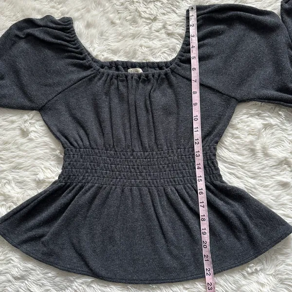 Sweater Plush Square-Neck Smocked Top Long Sleeve Dark Gray M - Image 12