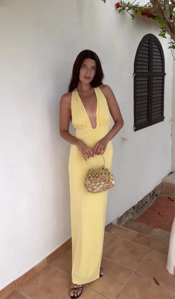 Zara Butter Yellow Halter Maxi Dress with Plunging Neckline Scarf Wedding Party - Image 14