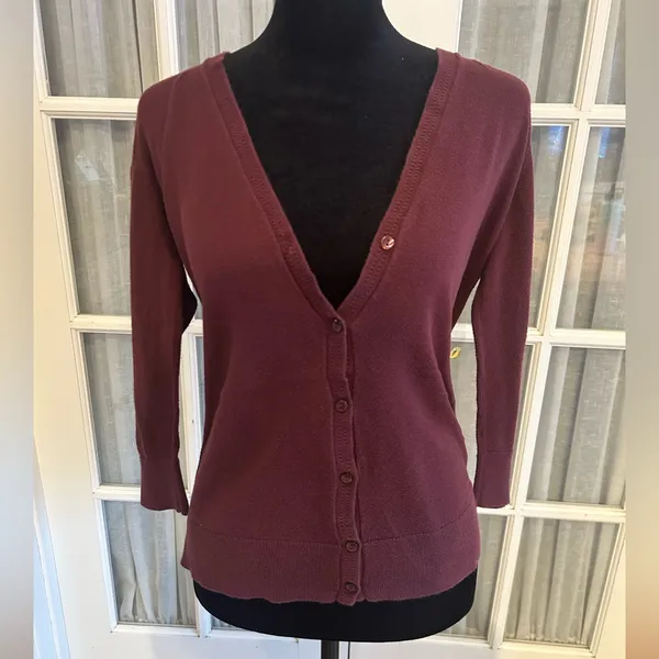 LOFT Women's Purple Knit Cardigan Sweater Button-Up V-Neck Long Sleeve M - Image 3
