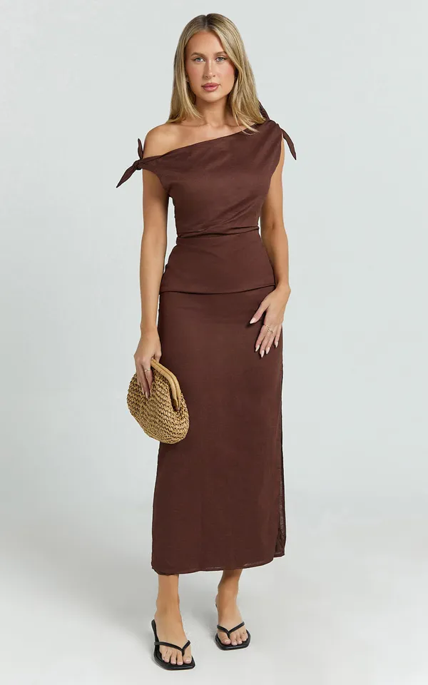 New Showpo Cincinnati Off The Shoulder Side Split Column Linen Dress Size 10 - Image 3