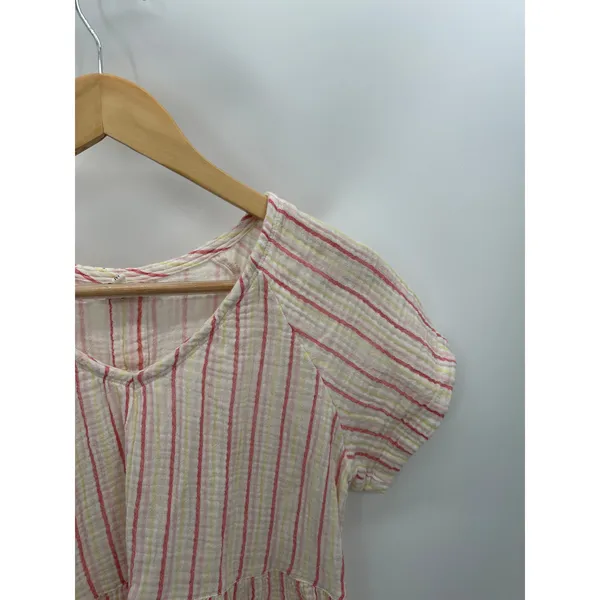 Maurices Women Medium White Red Yellow Striped Cotton Peplum Button‎ Back Top - Image 3