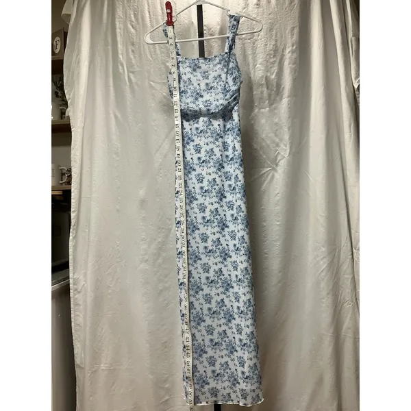 Women's Blue White Floral Maxi Dress Ruched Bust Square Neck Stretch Size M - Image 2