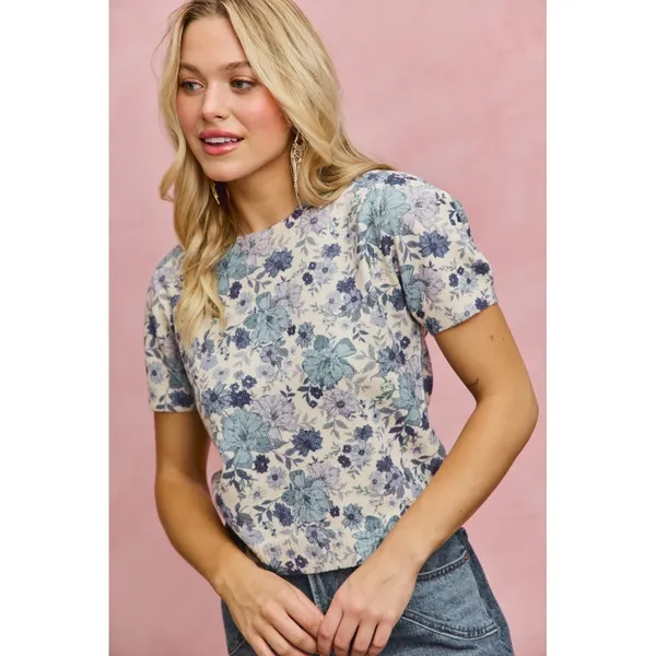 SO ME Floral Print Short Sleeves Sweater Knit Top - Blue - XL - Image 5