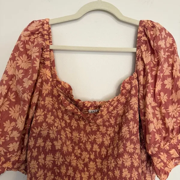 Gap Floral Ruched Puff Sleeve Boxy Square Neck Blouse Top Cotton Blend Size‎ XXL - Image 3