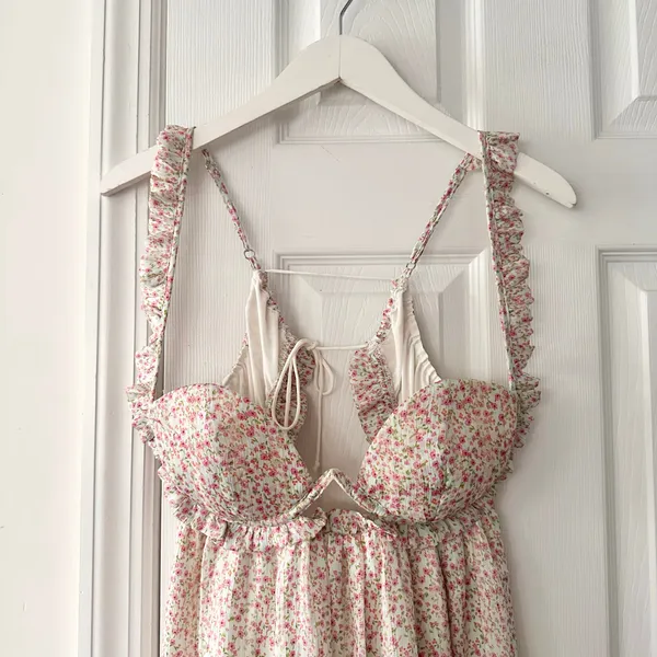 For Love & Lemons Colleen Ivory Red Floral Bustier Mini Babydoll Dress Medium - Image 3