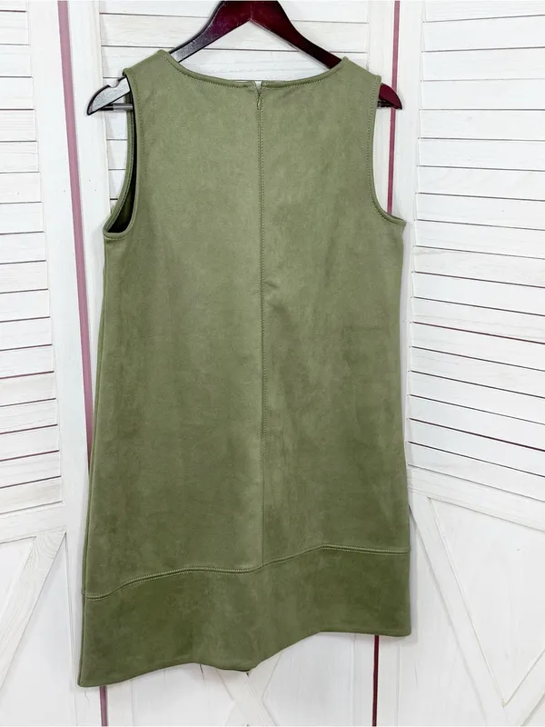 Loft Faux Suede V Neck Jumper Shift Mini Dress Olive Green 8 Tall Sleeveless - Image 9