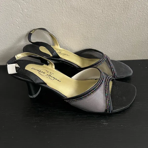 Chinese Laundry Women’s Black Beaded Mesh Fabric Kitten Slingback Party Heels 6 - Image 3