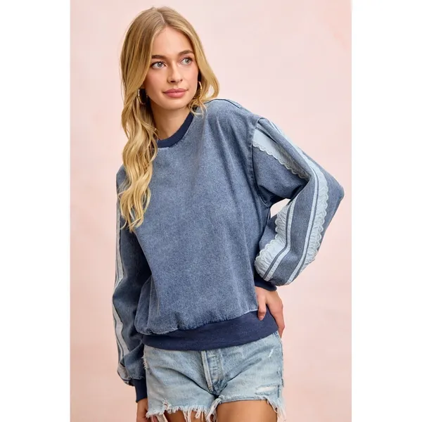 BiBi Washed Denim‎ Lace Contrast Sided Sweatshirt - Image 8