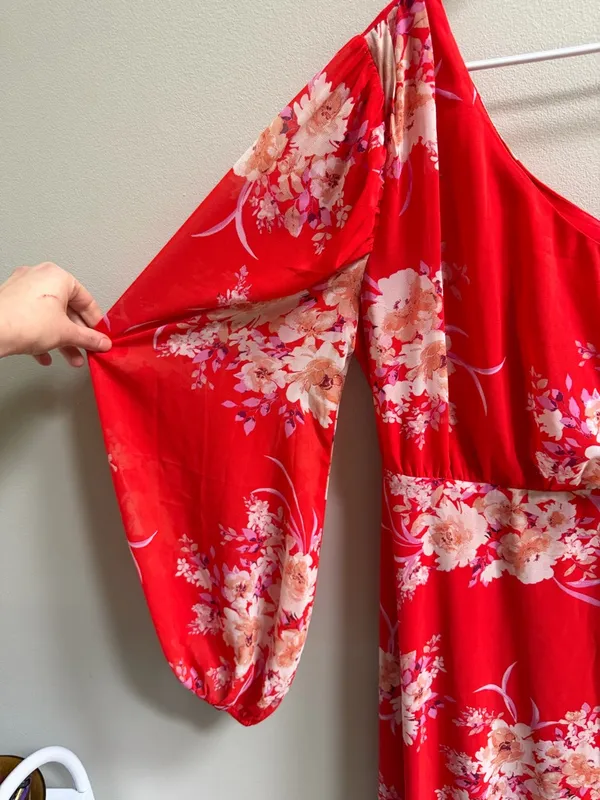 NEW Lulus Brunch Besties Red Floral One Shoulder Midi‎ Graduation Wedding Dress - Image 4