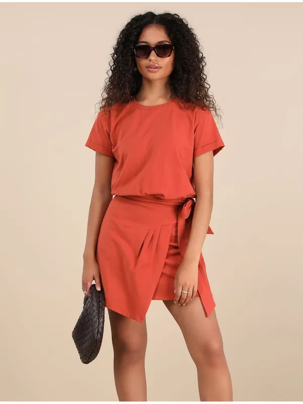 LULU’S Ioana Rust Red Short Sleeve Pleated Faux-Wrap Mini Dress - Image 4