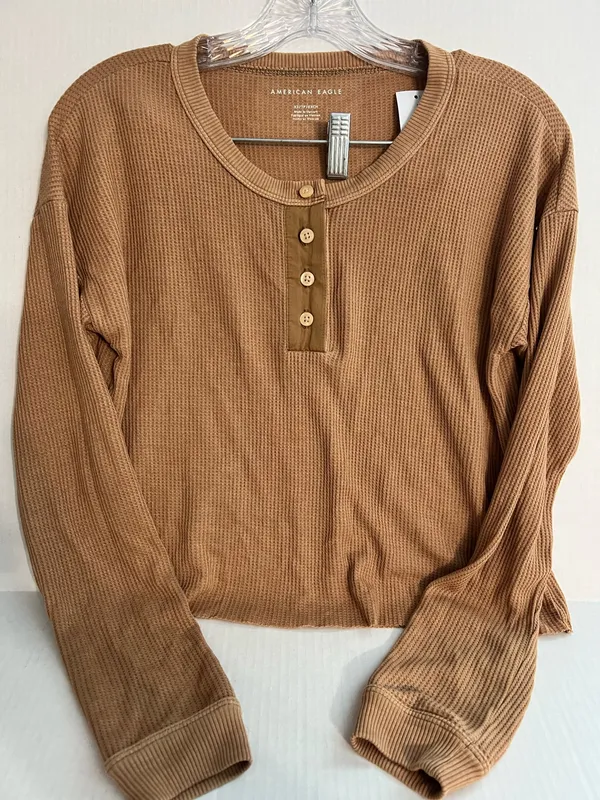 American Eagle Cropped Brown Long Sleeve Henley Top - Image 2