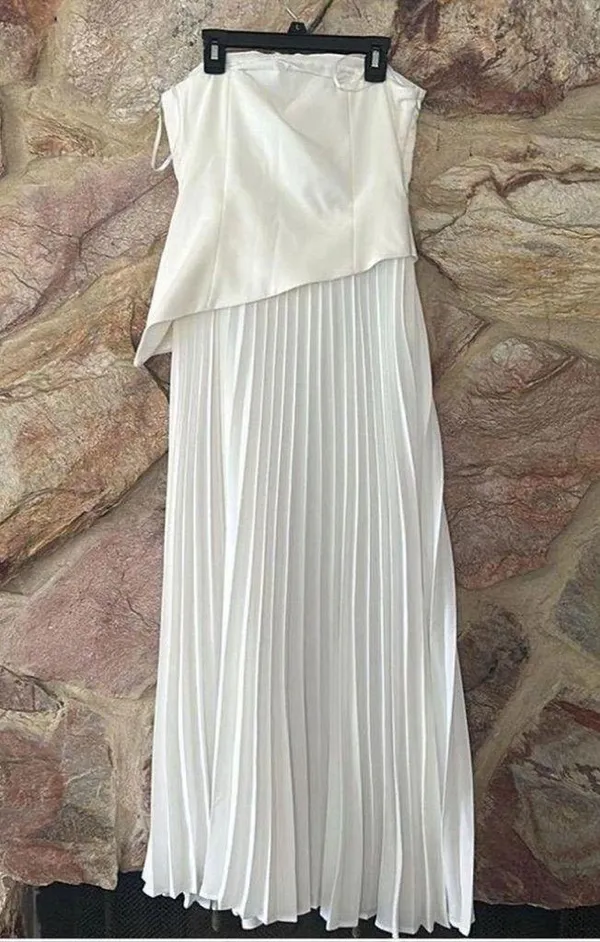 Commense Solid Pleated Strapless Split Dress size Large White - Image 6