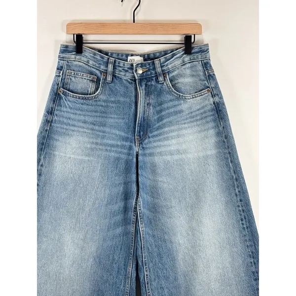 ZARA Women Jeans Blue Denim Cropped High Rise Baggy Wide Leg Medium Wash Size 6 - Image 6