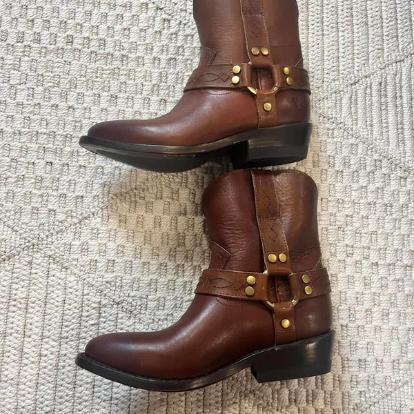 Frye Billy Short Leather Harness Booties in Saddle - Image 4