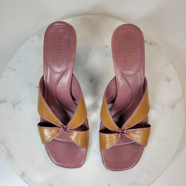 Cole Haan Womens Leather Slip On Heels 7B Tan Mauve Cross Straps Open Toe - Image 11