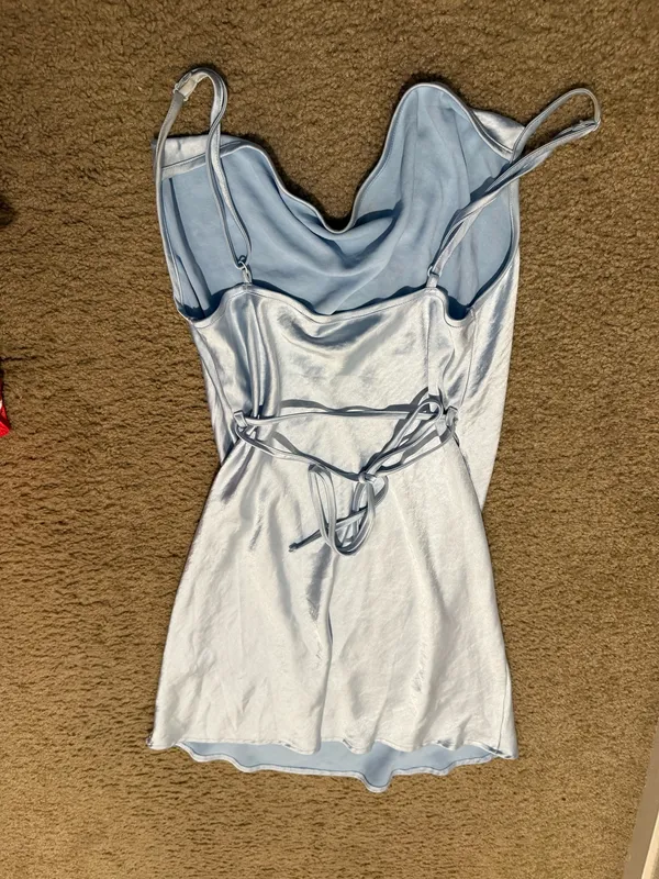 Motel Paiva Slip Dress in Satin Light Blue - Image 4