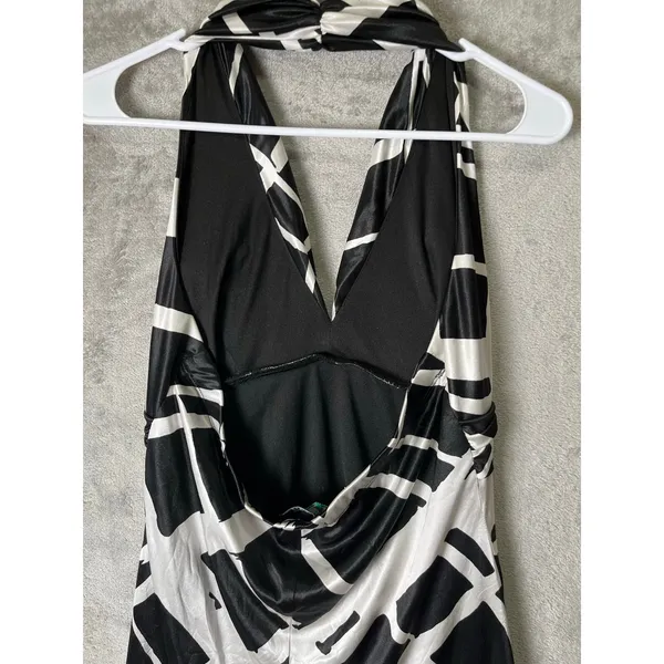 Vintage‎ Y2K Indie Sleaze Halter Midi Dress Black White Abstract Mesh Hem Medium - Image 4