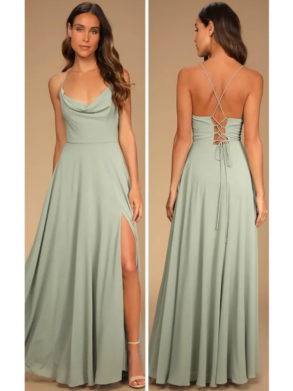 Lulus Romantically Speaking Sage Green Cowl Lace-Up Maxi Dress Size Medium - Image 2