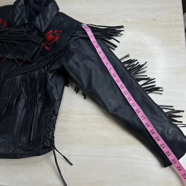 Womens Black Leather Fringe Motorcycle Jacket Red Rose Embroidery Western Size M - Image 11