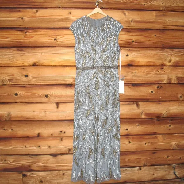 Mac Duggal Size 12 Silver Gray Gold Beaded Cap Sleeve Column Gown Maxi Dress - Image 6