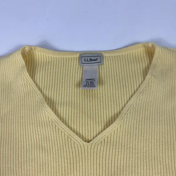 LL‎ Bean Sweater Womens XL Yellow Ribbed Knit V Neck Long Sleeve Cotton Pullover - Image 2
