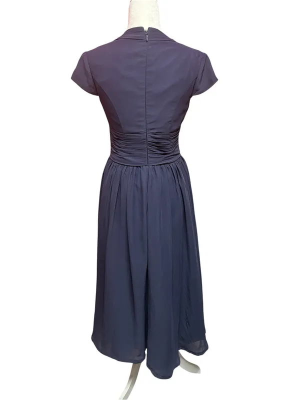 JJ’s House Elegant Deep Navy V-Neck Cap-Sleeves Midi Dress with Ruched Waist - Image 2