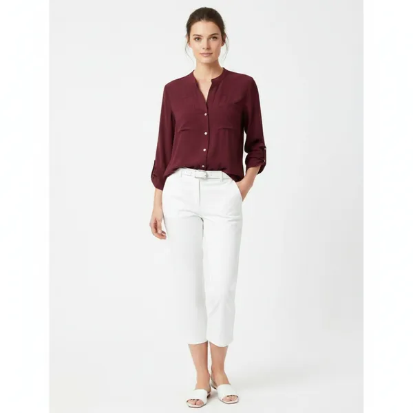 100% Silk Max Studio Burgundy Button Close Long Sleeve Colarless Blouse Top M - Image 8