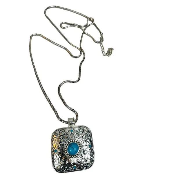 Vintage Silver Tone “Roman” Enameled Floral Etched Pendant W Faux Turquoise Ston - Image 6