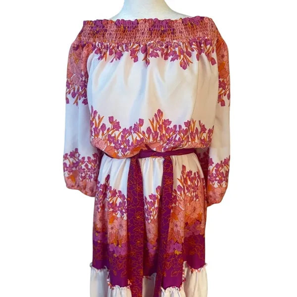 Maison‎ Tara Off the Shoulder Floral Print Tie Waist Midi Dress Plus Size 16W - Image 2