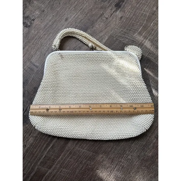 60s Beaded White Handbag Handle Evening Bag Purse USA Two Sided - Image 6