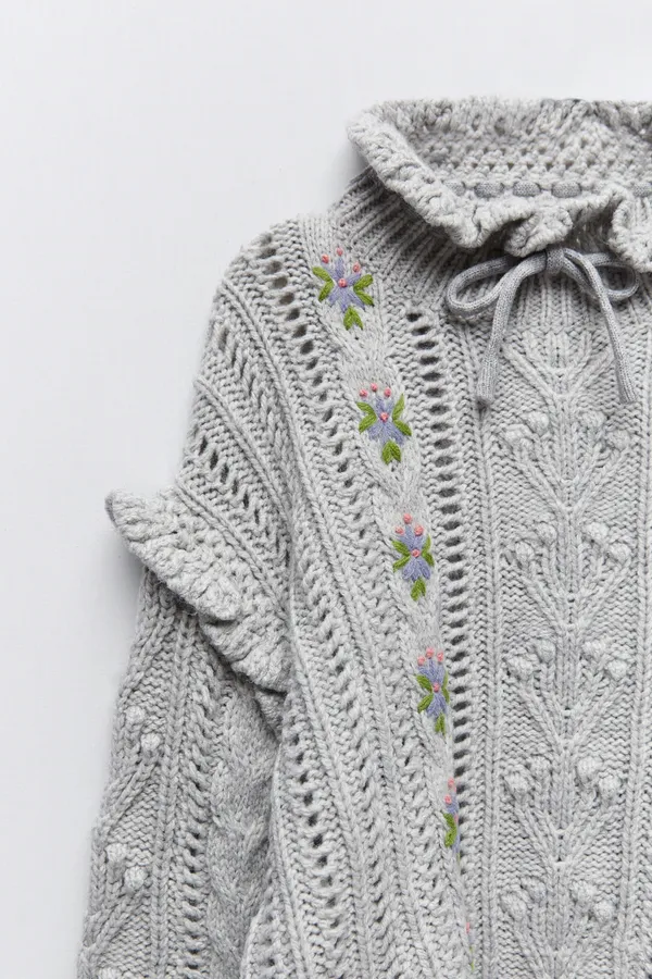 Gray Embroidered Oversized Sweater Top - Image 9