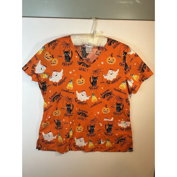 Scrubstar Womens L Halloween Print V-Neck Short Sleeve Scrub Top Cotton Orange - Image 10