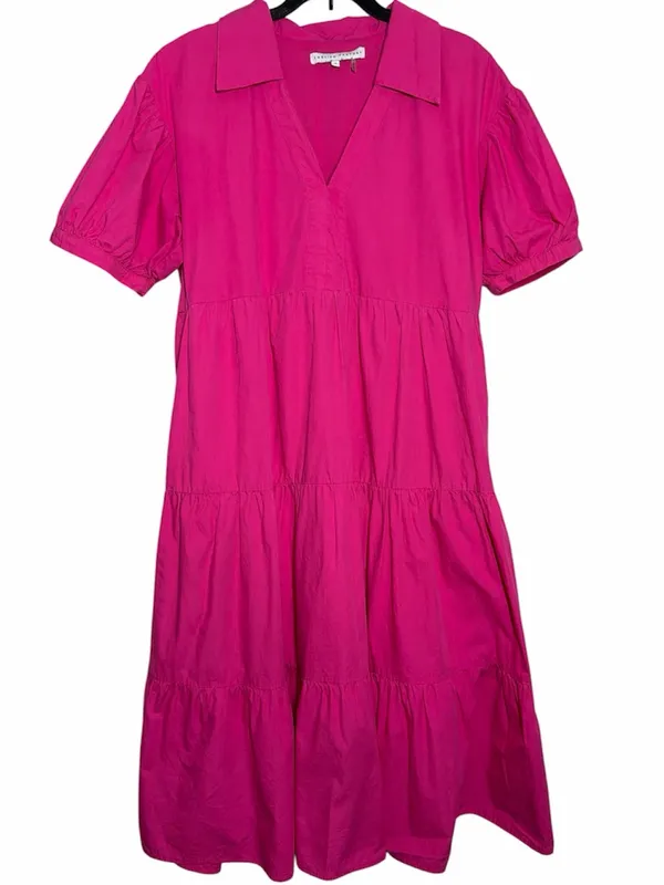 English Factory Hot Pink Puff Sleeve Collared Midi Dress Medium - Image 3
