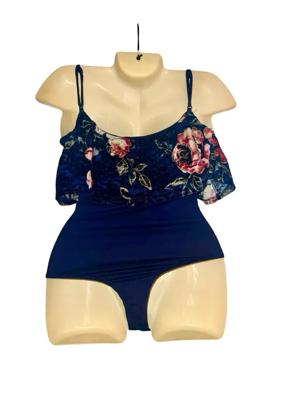 Francesca's Navy Velvet Floral Bodysuit with Pink Bloom Detail - Image 6