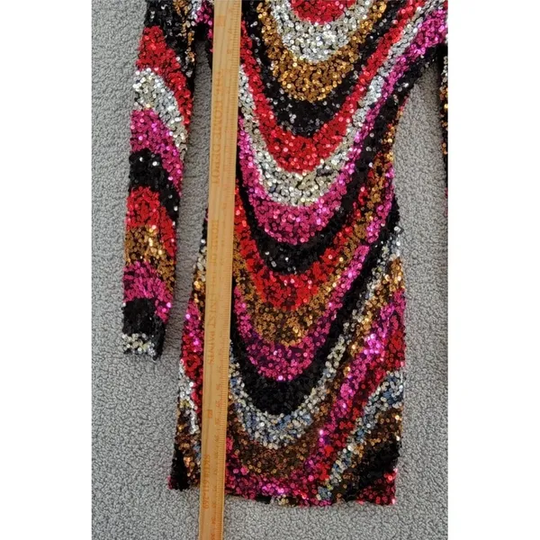 B DARLIN Sequined Low-Back Mini Dress Juniors XS Multi Crew‎ Neck Long Sleeve - Image 8