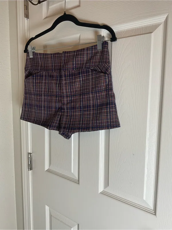 Free People Isla Plaid High Waisted Trouser Shorts Brown Navy Size 4 - Image 3