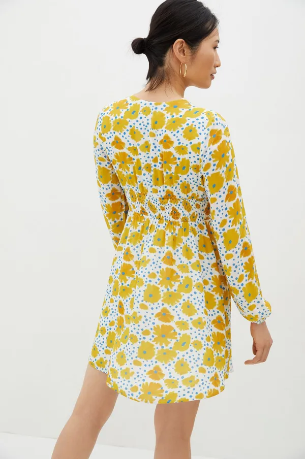 Vera for Anthropologie Sz XS Buttercup Mini Dress Floral Yellow Blue Buttons - Image 3